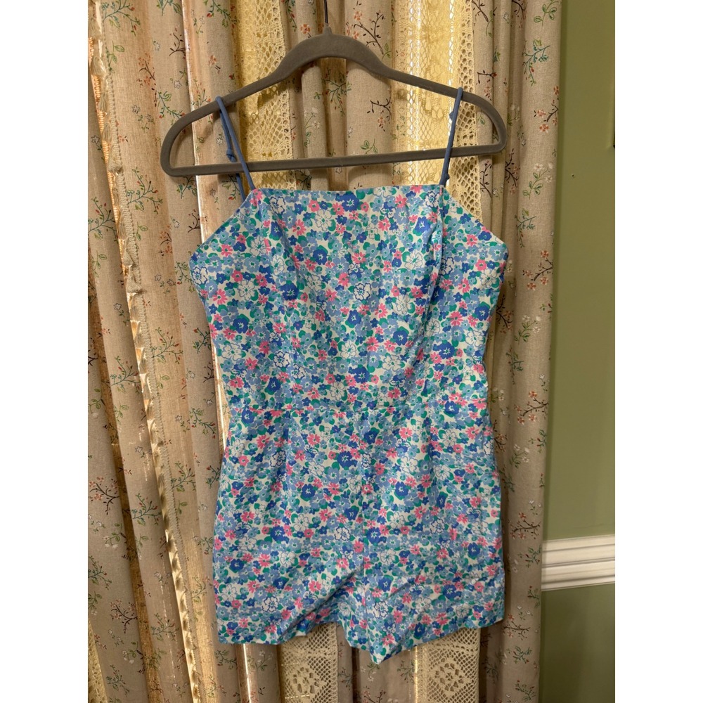 Sea Waves Floral Romper Size 12 Blue Pink Cottagecore Bustier Corset Playsuit